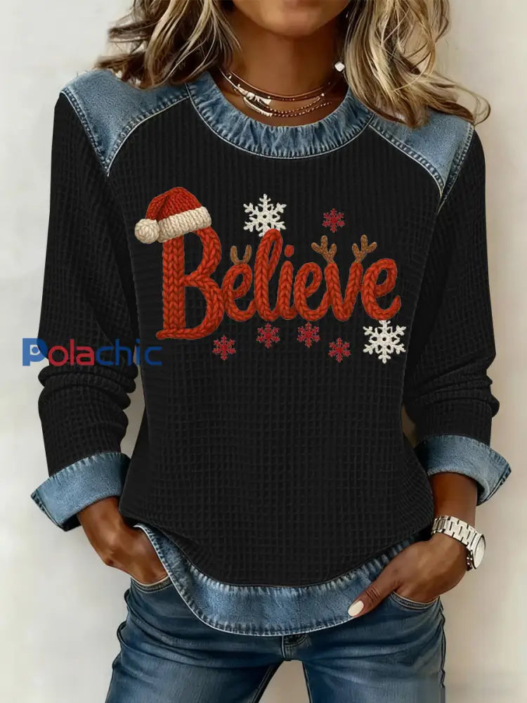 Sweatshirt à imprimé gaufré de Noël pour femmes Noir / S