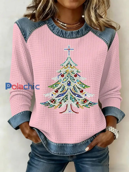 Sweatshirt à imprimé gaufré de Noël pour femmes Rose / S