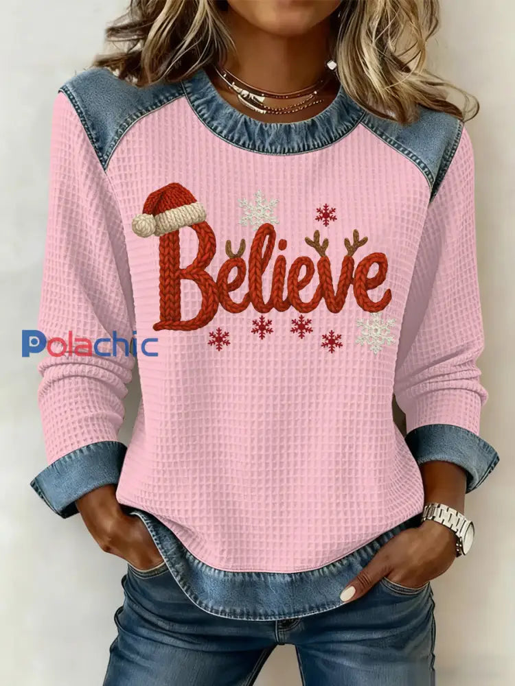 Sweatshirt à imprimé gaufré de Noël pour femmes Rose / S