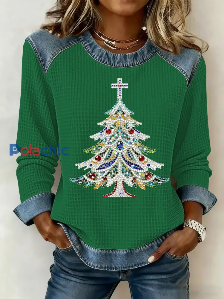 Sweatshirt à imprimé gaufré de Noël pour femmes Vert / S