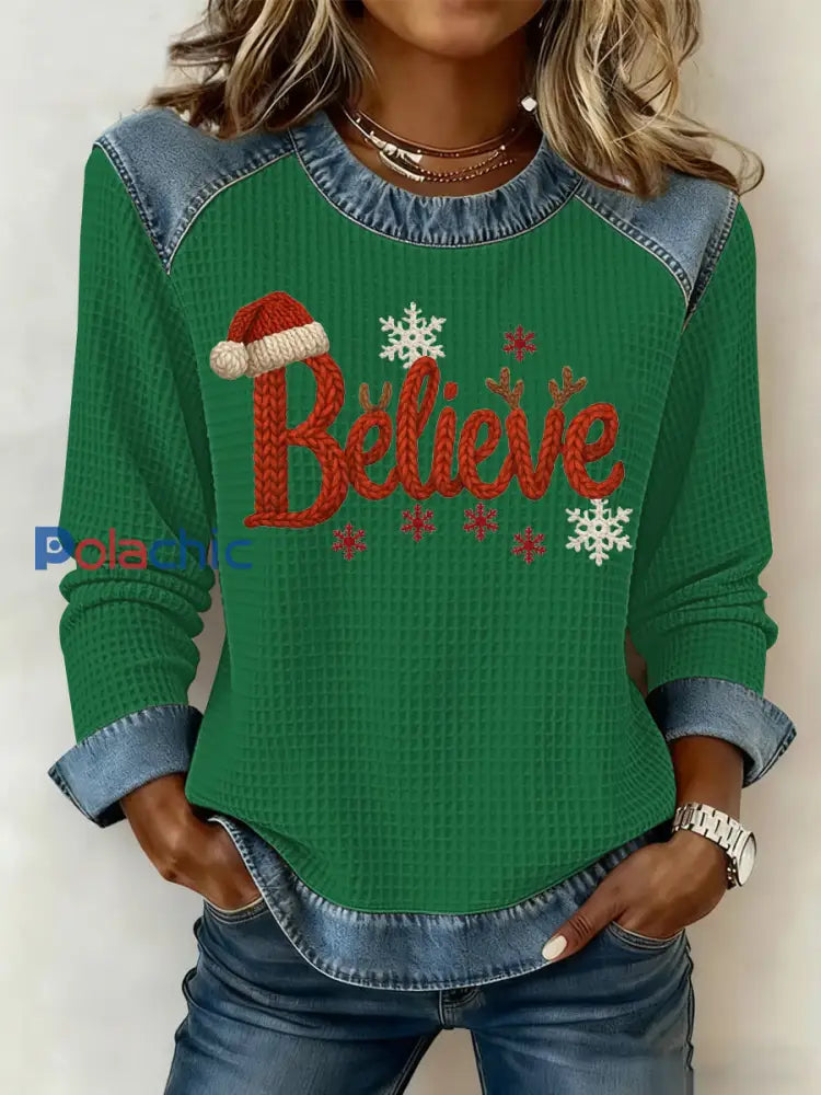 Sweatshirt à imprimé gaufré de Noël pour femmes Vert / S