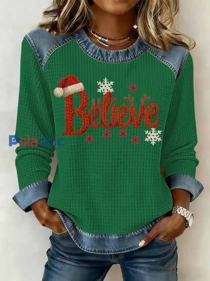 Sweatshirt à imprimé gaufré de Noël pour femmes Vert / S