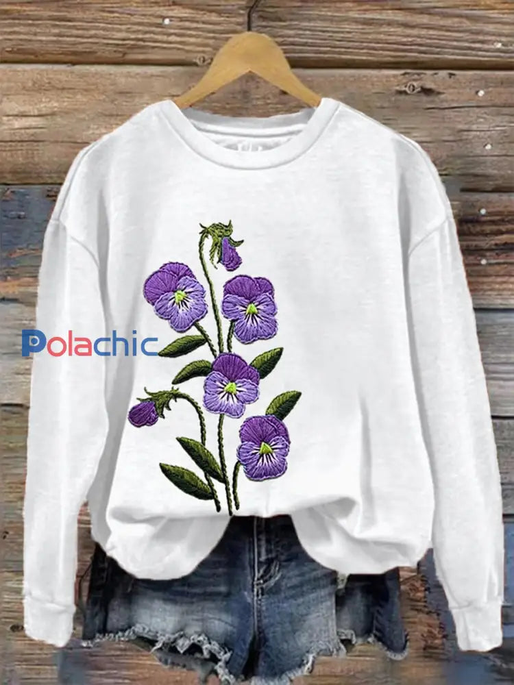 Sweatshirt de soutien de sensibilisation d’Alzheimer de fleur pourpre des femmes Blanc / S