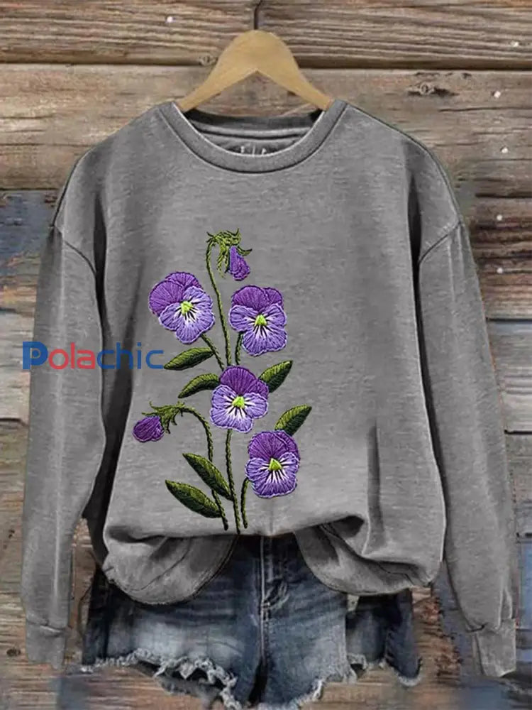 Sweatshirt de soutien de sensibilisation d’Alzheimer de fleur pourpre des femmes Gris / S