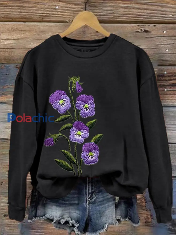 Sweatshirt de soutien de sensibilisation d’Alzheimer de fleur pourpre des femmes Noir / S