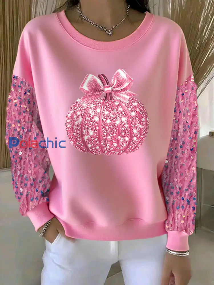 Sweatshirt Décontracté Femme Rose Citrouille Imprimée Rose / S