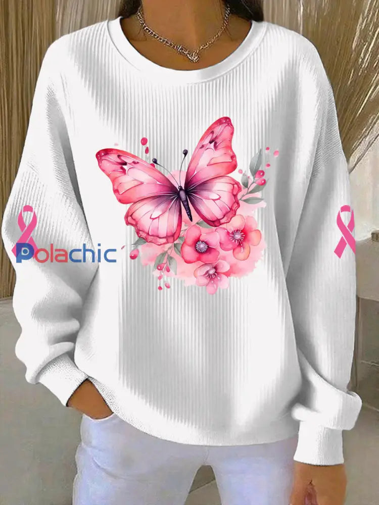 Sweatshirt Décontracté Femme Rose Imprimé Cancer Du Sein Blanc / S