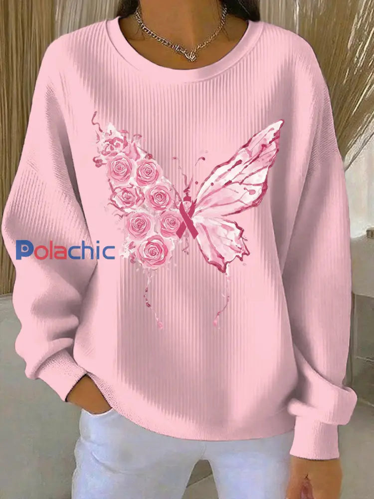 Sweatshirt Décontracté Femme Rose Imprimé Cancer Du Sein Rose / S