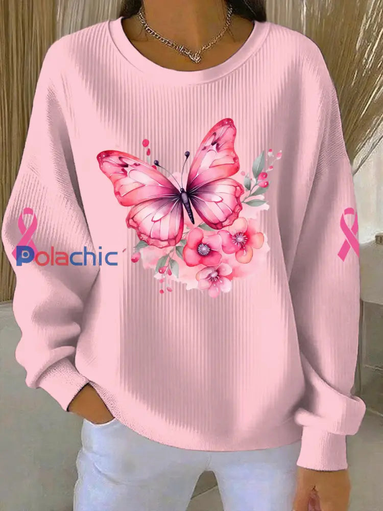 Sweatshirt Décontracté Femme Rose Imprimé Cancer Du Sein Rose / S
