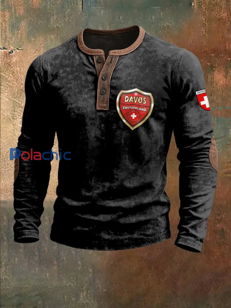 Sweatshirt en patchwork noir imprimé de conception suisse pour hommes Noir / S