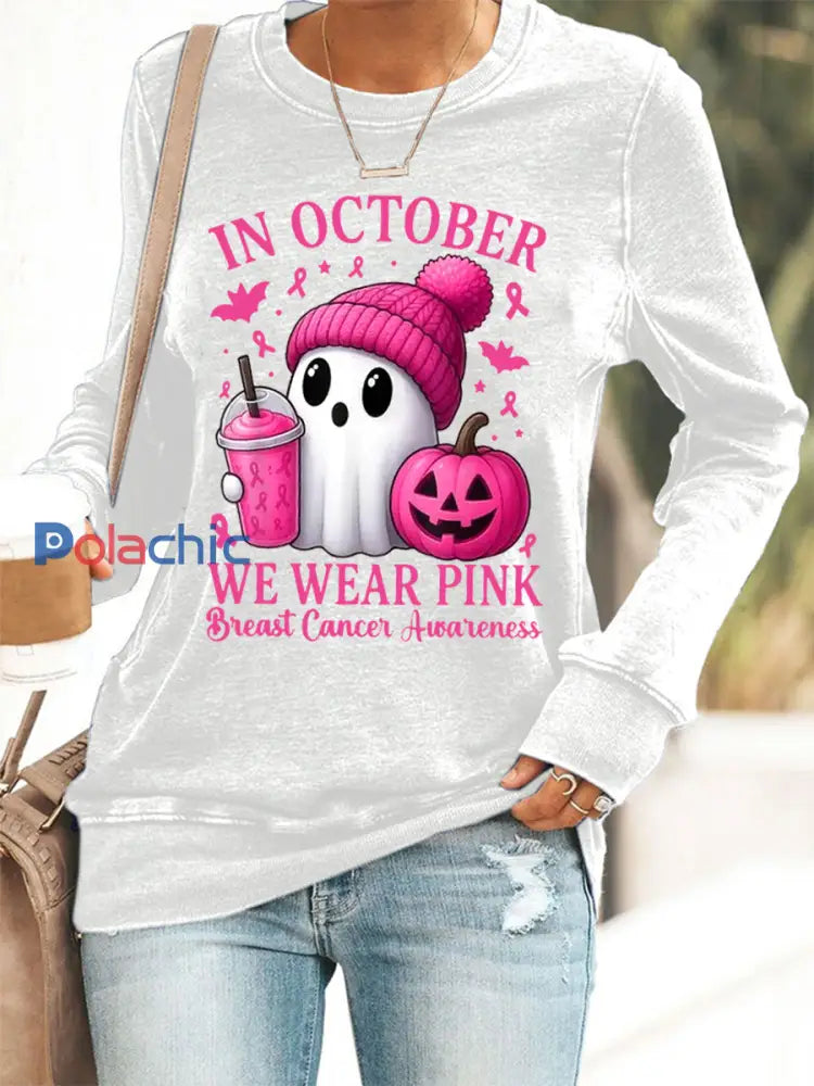 Sweatshirt Femme En Octobre Nous Portons Rose Sensibilisation au Cancer du Sein Blanc / S