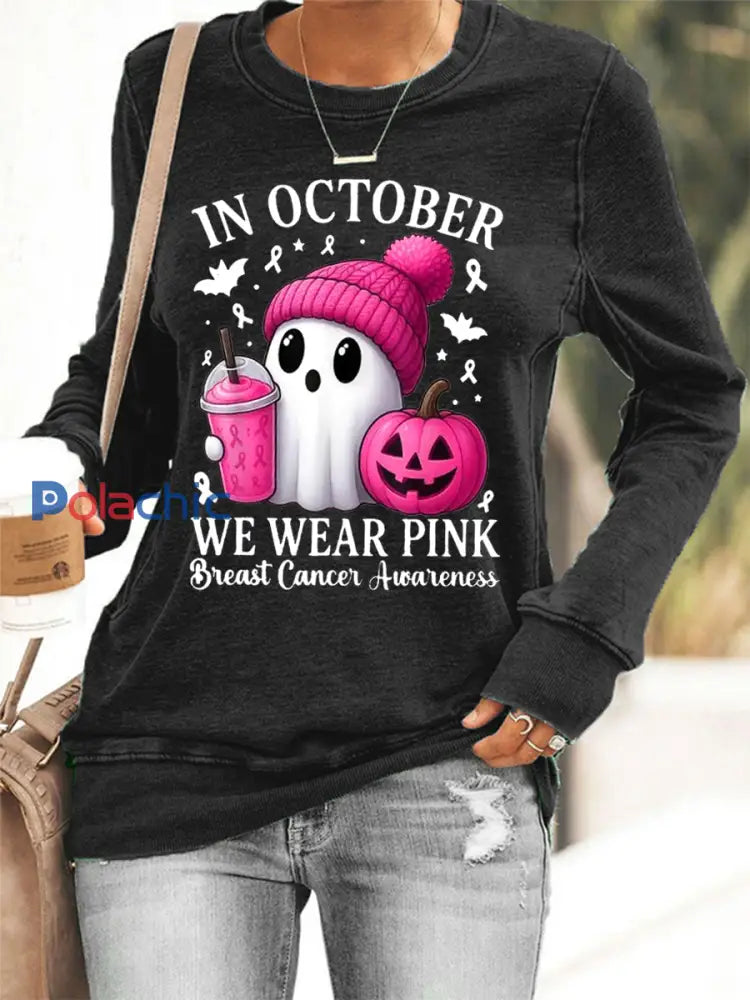 Sweatshirt Femme En Octobre Nous Portons Rose Sensibilisation au Cancer du Sein Noir / S
