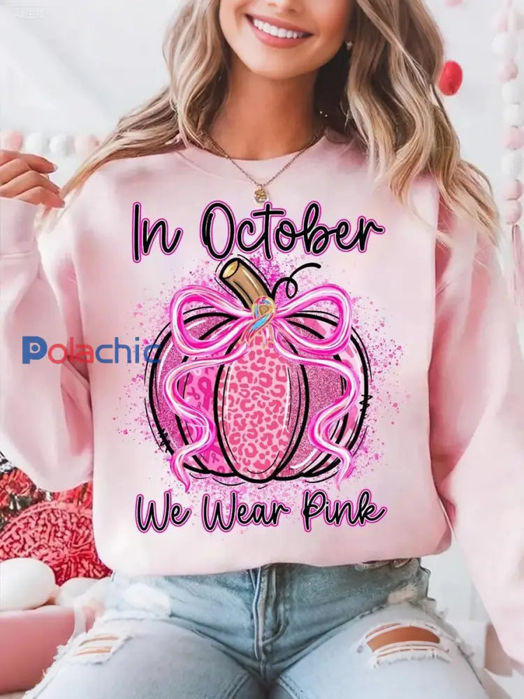 Sweatshirt Femme En Octobre Nous Portons Rose Sensibilisation au Cancer du Sein Rose / S
