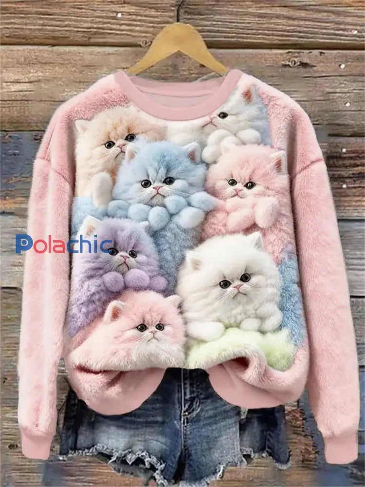 Sweatshirt Femme Flannel Mignon Chats Imprimer Rose / S