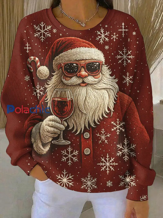Sweatshirt Femme Père Noël tenant un verre à vin rouge Imprimé Côtelé à Col Rond comme image / S