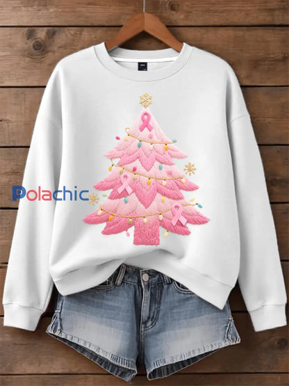 Sweatshirt Femme Rose Brodé Sapin De Noël Blanc / S