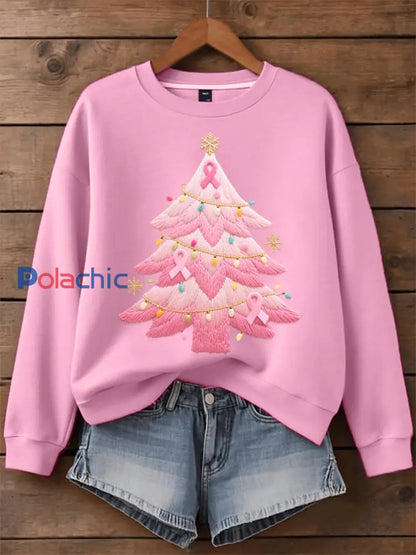 Sweatshirt Femme Rose Brodé Sapin De Noël Rose / S