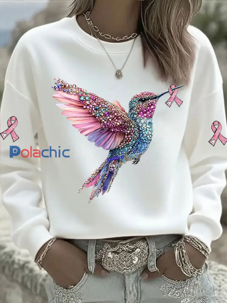 Sweatshirt Femme Rose Imprimé Colibri Blanc / S