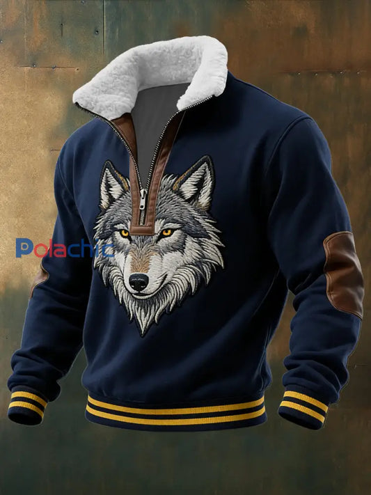 Sweatshirt Homme Bleu Marine Élégant Avec Broderie Loup Et Accent De Cuir Doublé Sherpa Multicolore / S
