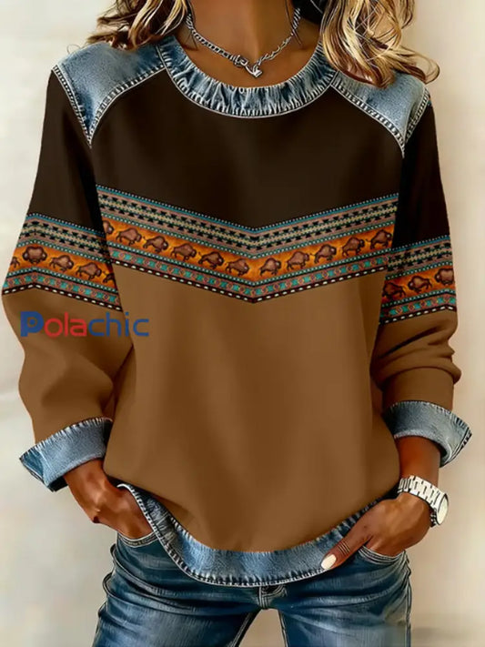 Sweatshirt imprimé rétro Western Femme Marron / S