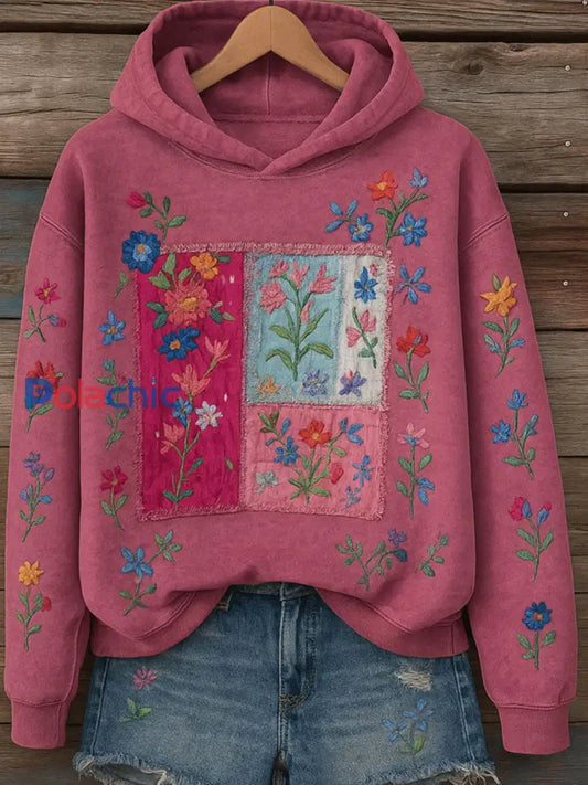 Sweatshirt Régulier Retro Art Floral Femme Rose Rouge / S