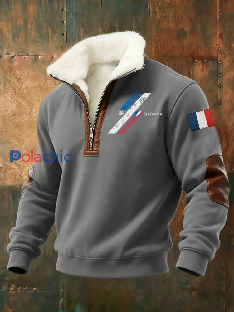 Sweatshirt zippé à col montant Skii France pour homme Bleu Marine / S