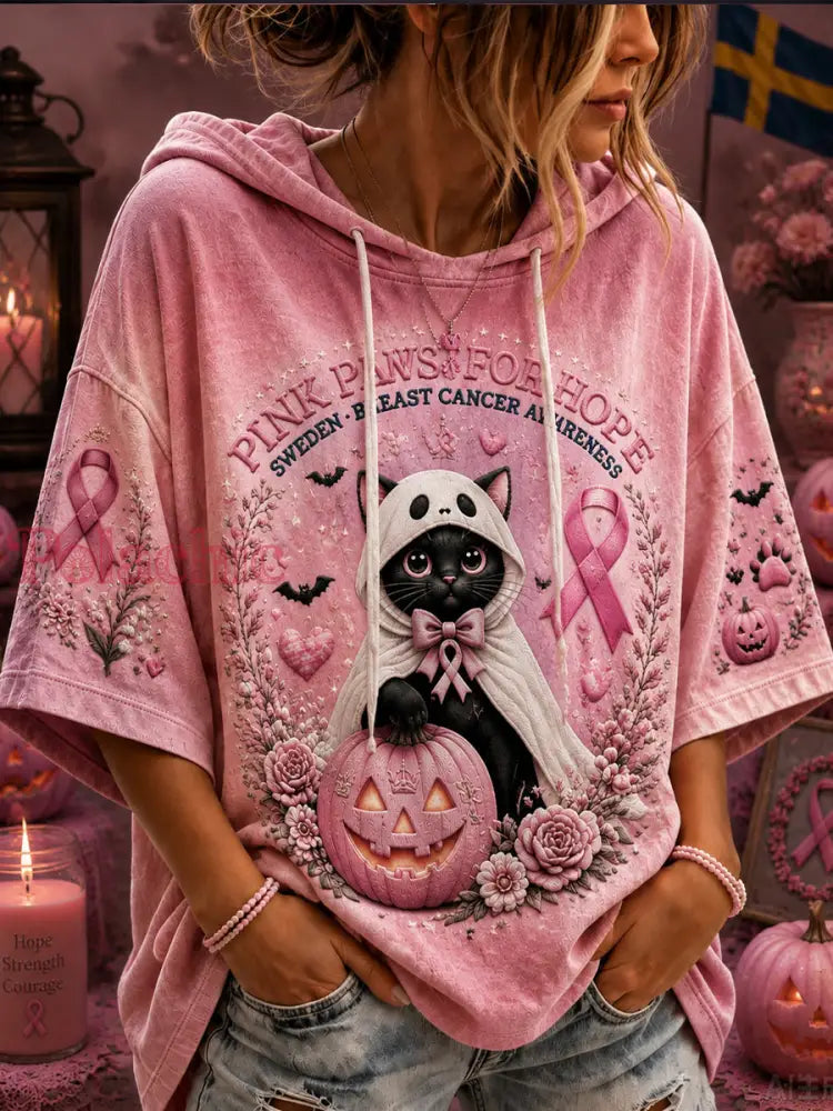 Szwedzki damski hoodie na Halloween z krótkim rękawem i motywem raka piersi - A / S