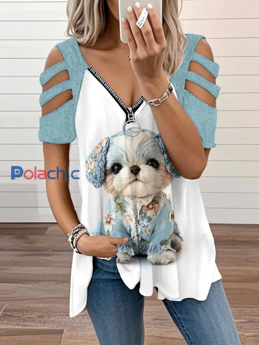 T-shirt à col en V à imprimé chien pour femme Bleu clair / S