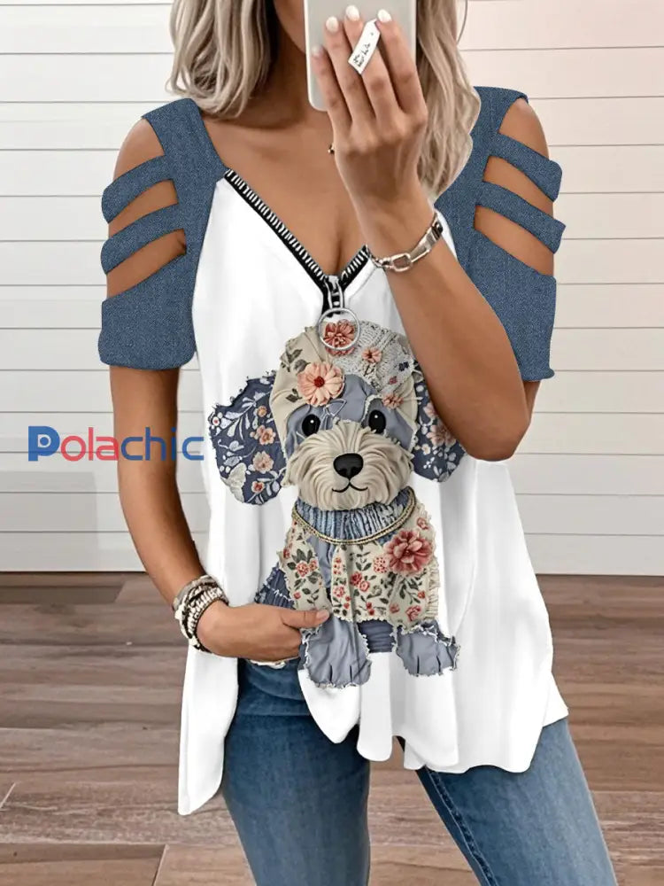 T-shirt à col en V à imprimé chien pour femme Bleu / S