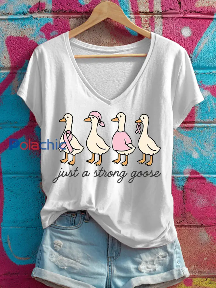 T-shirt à col en V imprimé Just a Strong Goose Femme Blanc / S