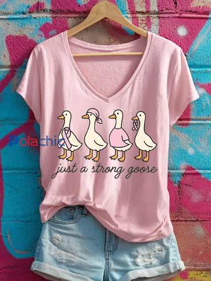 T-shirt à col en V imprimé Just a Strong Goose Femme Rose / S