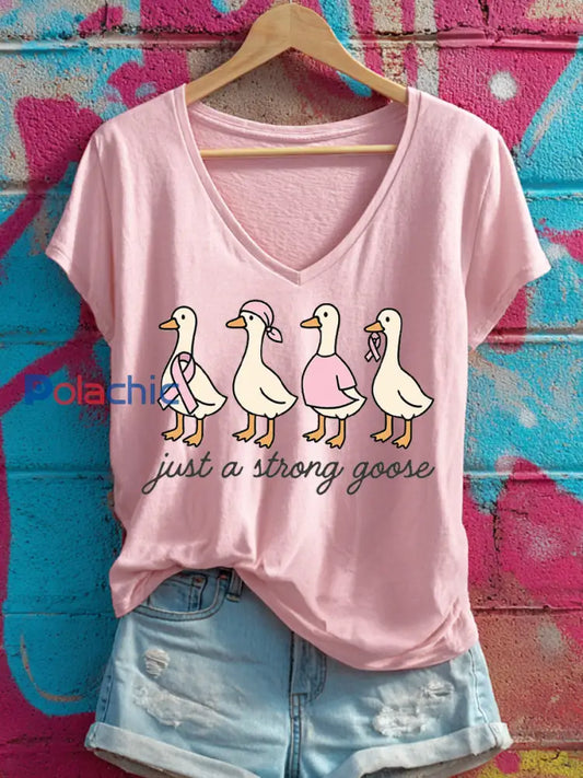 T-shirt à col en V imprimé Just a Strong Goose Femme Rose / S