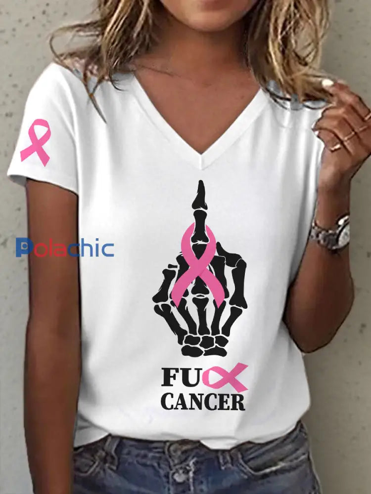 T-shirt à col en V imprimé pour femmes Blanc / S