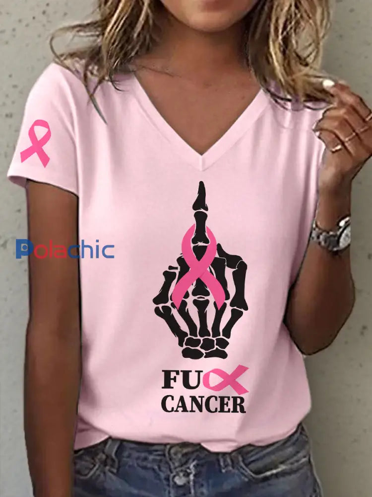 T-shirt à col en V imprimé pour femmes Rose / S