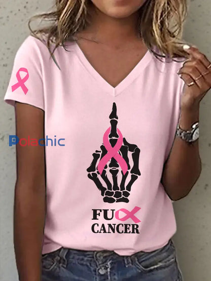 T-shirt à col en V imprimé pour femmes Rose / S