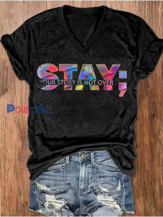 T-shirt à col en V imprimé Stay You Matter Femme Noir / S