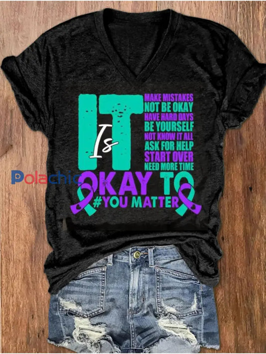T-shirt à col en V imprimé Stay You Matter Femme Noir / S