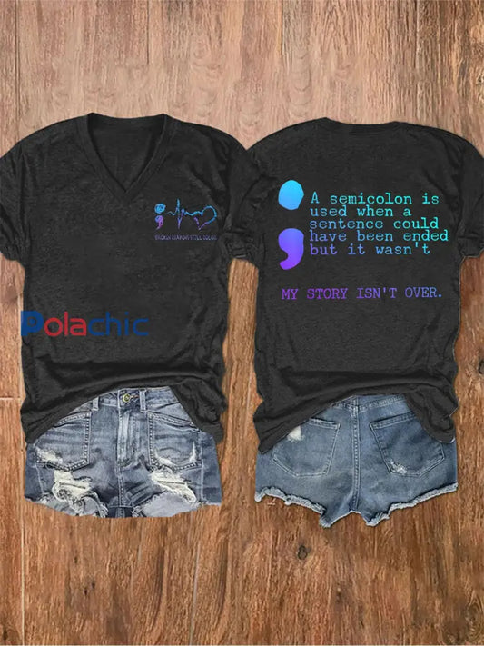 T-shirt à col en V imprimé Stay You Matter Femme Noir / S