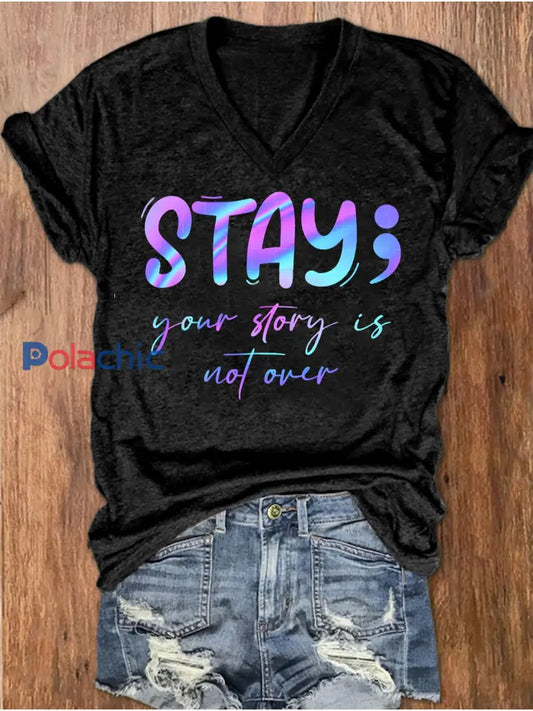 T-shirt à col en V imprimé Stay You Matter Femme Noir / S