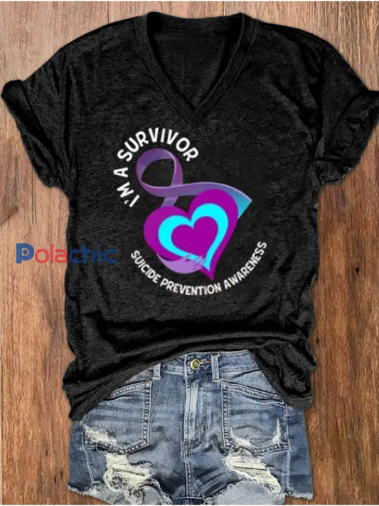 T-shirt à col en V imprimé Stay You Matter Femme Noir / S