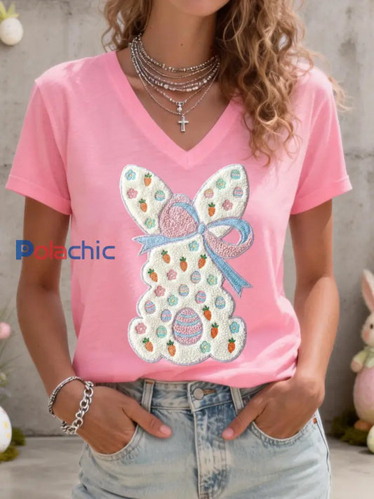 T-shirt à col en V motif lapin mignon pour femmes Rose / S