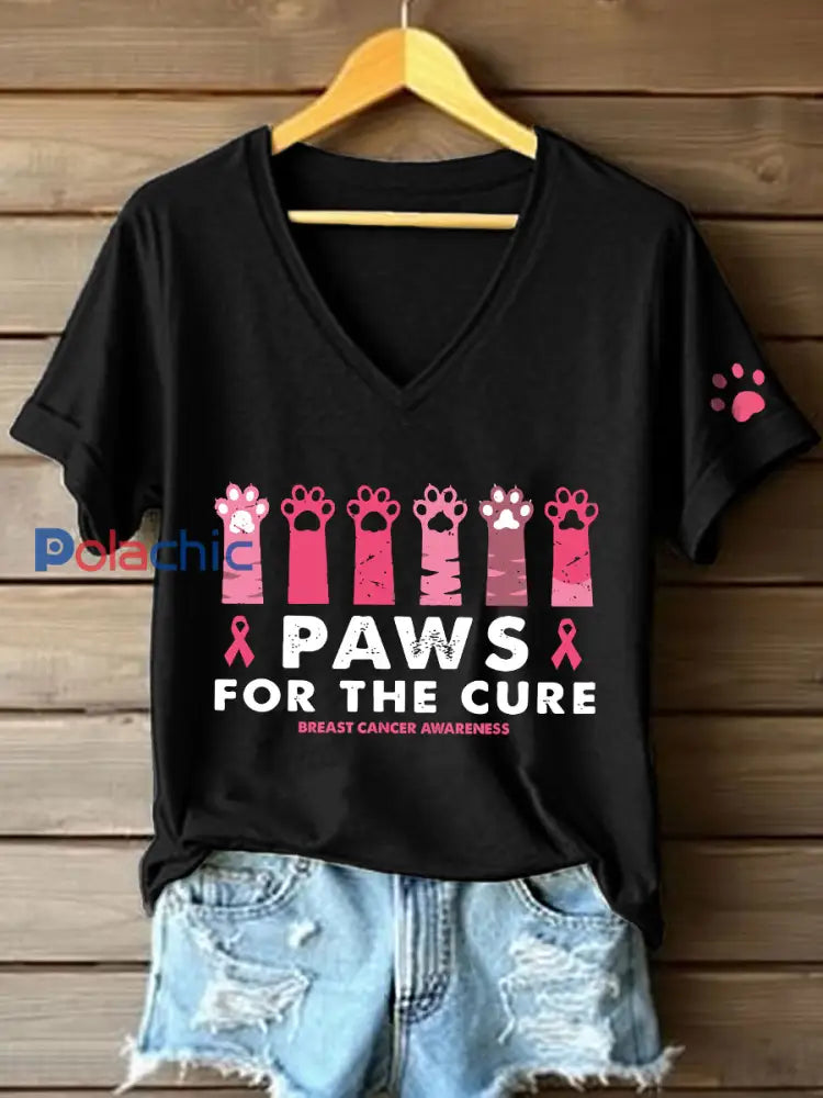 T-shirt à col en V Paws For The Cure pour femmes Noir / S