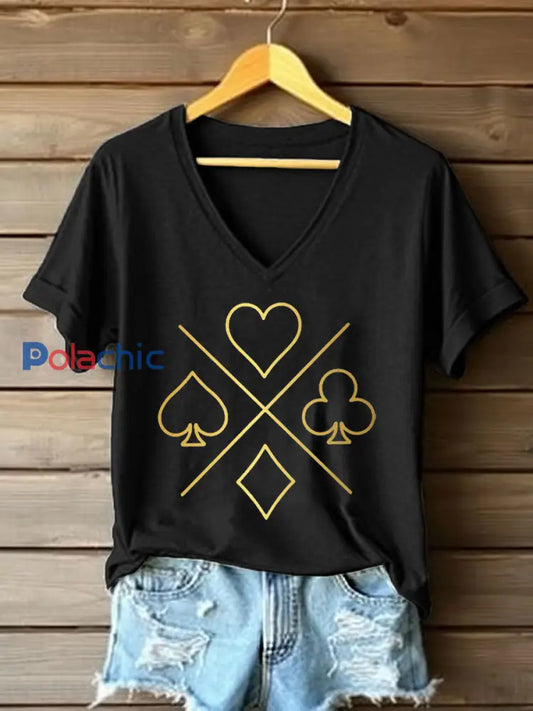 T-shirt à col en V Poker Cards Art Print pour femmes Noir / S