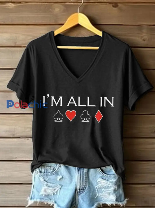 T-shirt à col en V Poker Cards Art Print pour femmes Noir / S