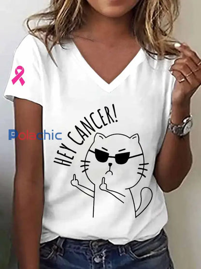T-shirt à col en V pour femmes Hey Cancer Print Breast Cancer Blanc / S
