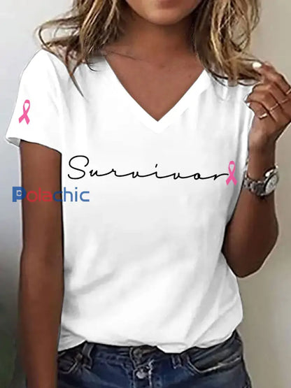 T-shirt à col en V pour femmes Survivant du cancer du sein Blanc / S