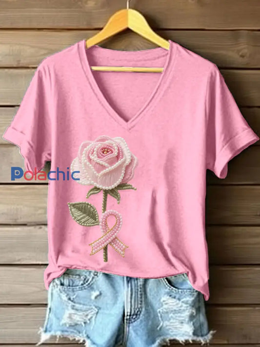 T shirt à col en V rose brodé de perles pour femme Rose / S