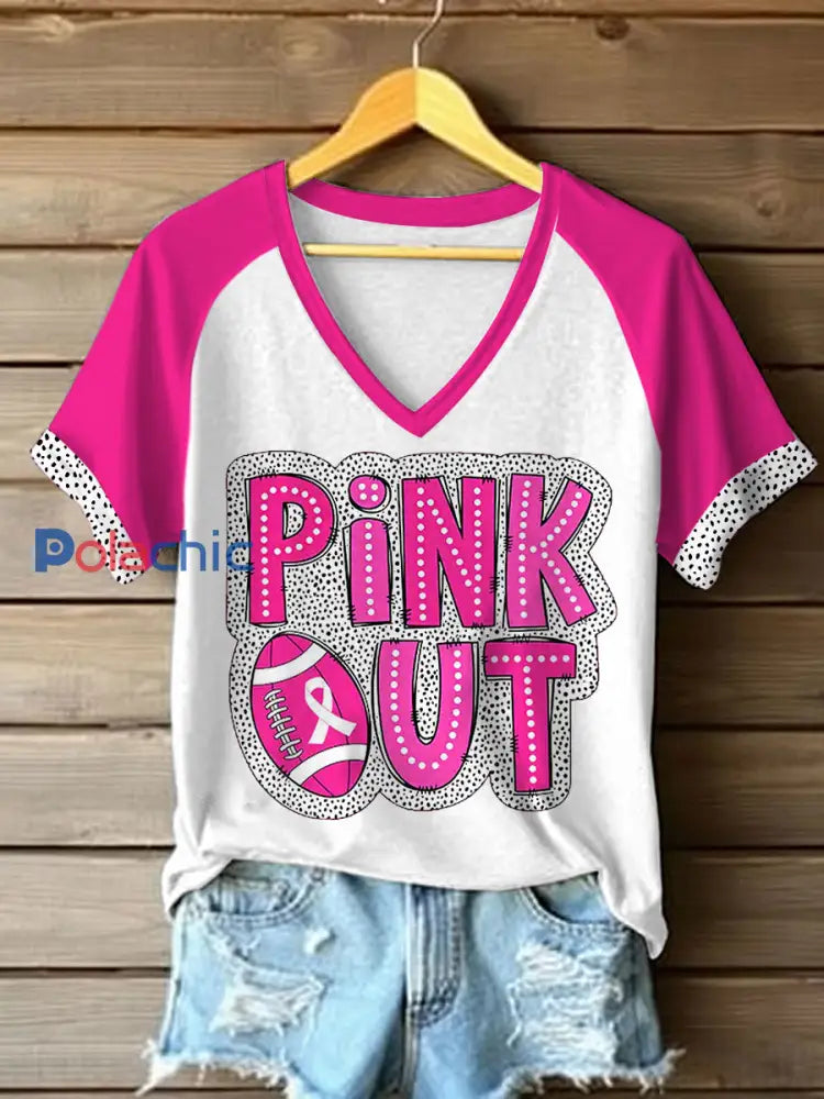 T-shirt à col en V rose pour femmes avec soutien et sensibilisation au cancer du sein Blanc / S