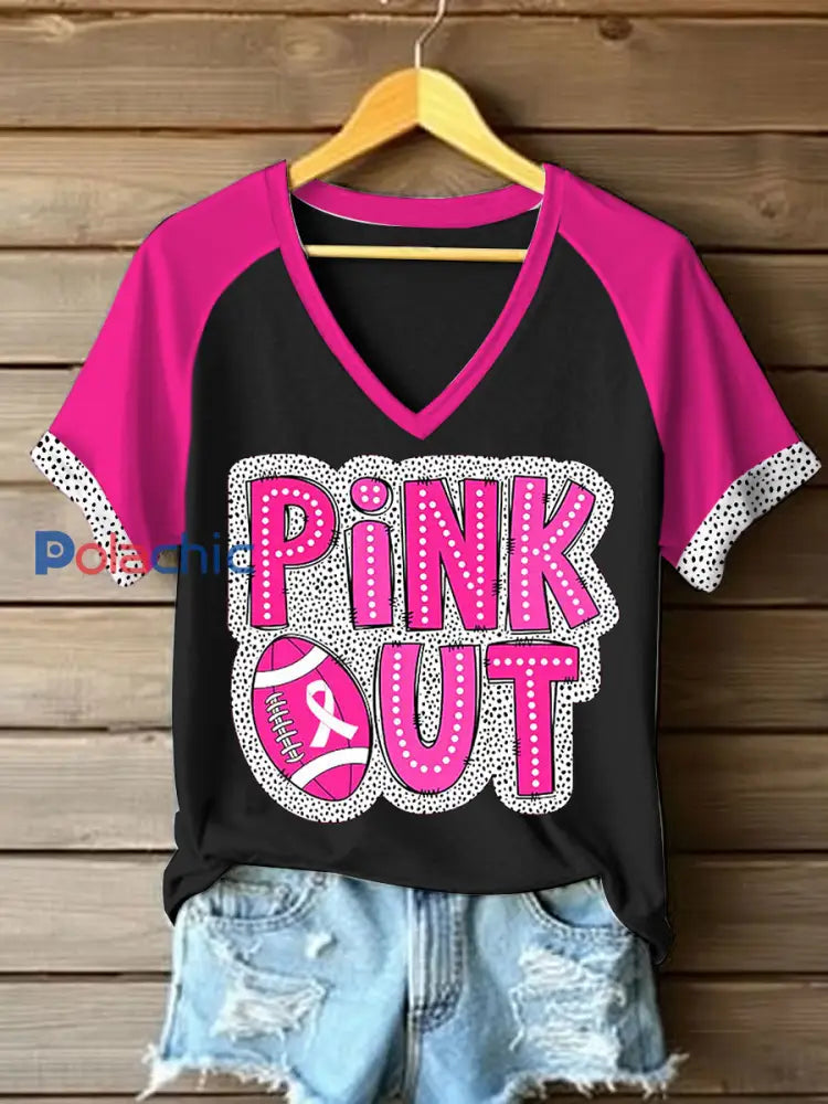 T-shirt à col en V rose pour femmes avec soutien et sensibilisation au cancer du sein Noir / S