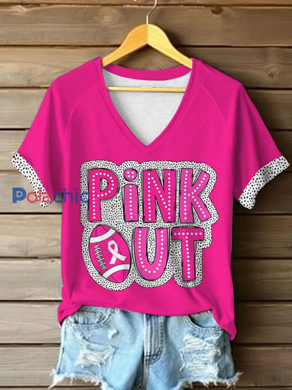 T-shirt à col en V rose pour femmes avec soutien et sensibilisation au cancer du sein Rose Rouge / S